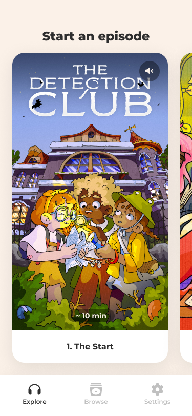 The explore screen, where the user can discover new stories. It features full screen cards with images and titles of the stories.
